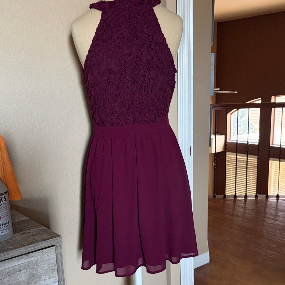 Lulu's Plum Lace Halter Mini Dress - Picture 3 of 6